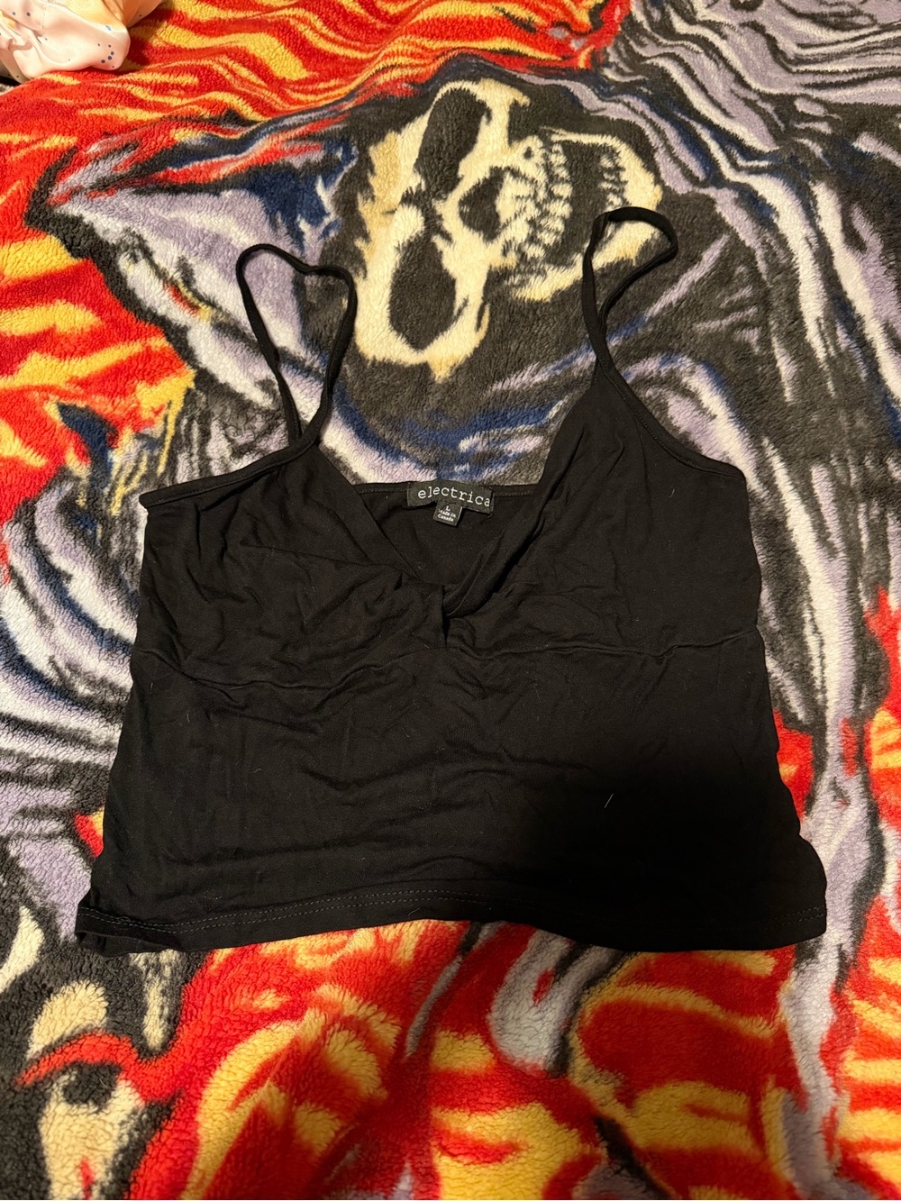 Electric Family Black Cropped V-Neck Spaghetti Strap Tank